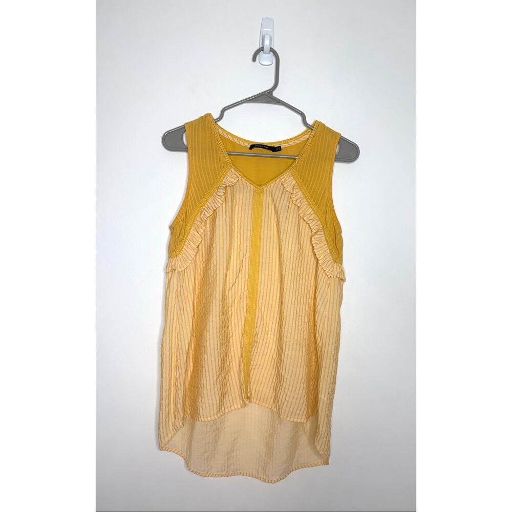 Doe & Rae Striped Sleeveless Tunic Top Sz M Crochet Ruffle Detail Boho Festival